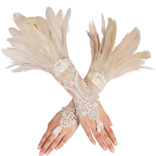 Women's Khaki Feather Lace Long Gloves Witch Spider Web for Halloween Pack of 2