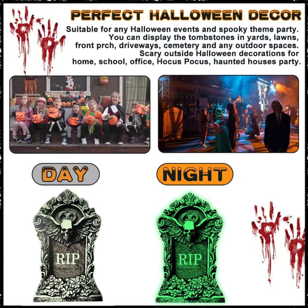 2025new Halloween Tombstone Decorations Outdoor - Set of 6 Glow in The Dark Spooky Graveyard Signs, Haunted House Party & Front Yard Decor, Durable Night-Activated Yard Decor