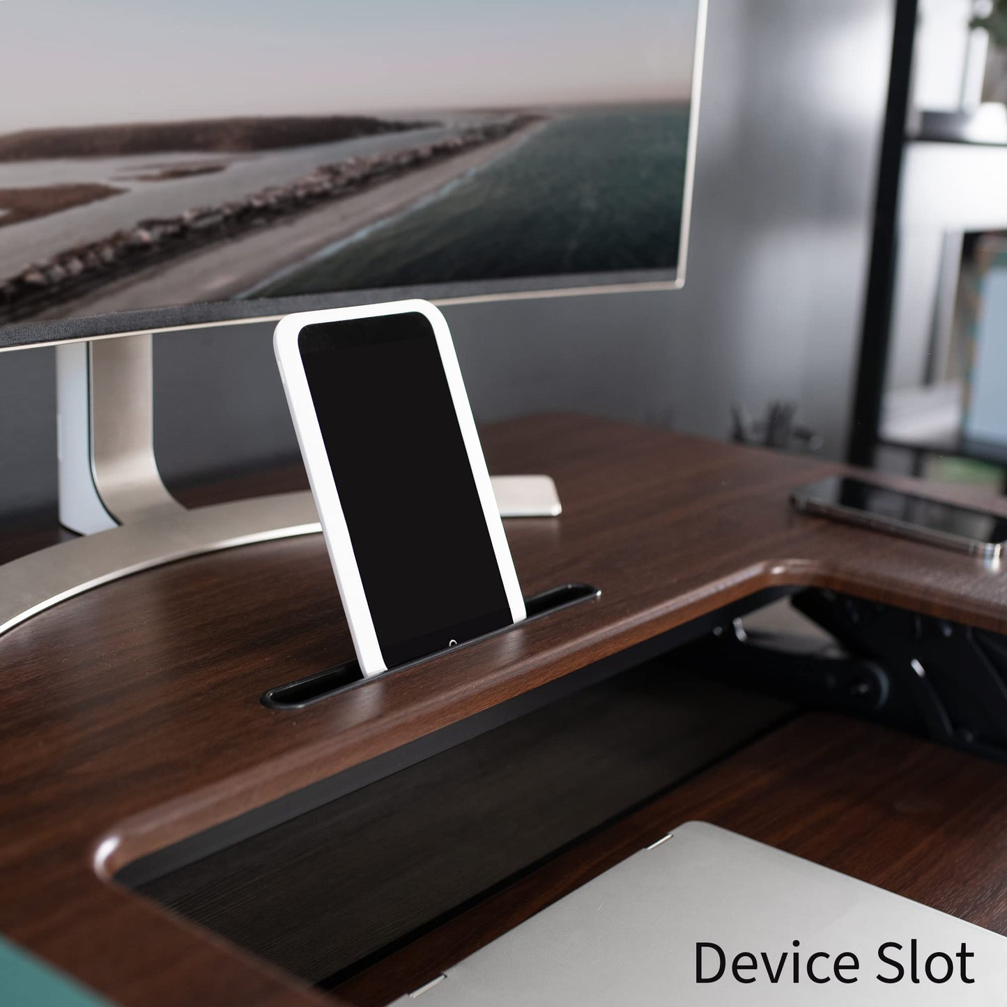 VIVO 42 inch Height Adjustable Stand Up Desk Converter, V Series, Quick Sit to Stand Tabletop Dual Monitor Riser Workstation, Dark Walnut Top, Black Frame, DESK-V000VLD