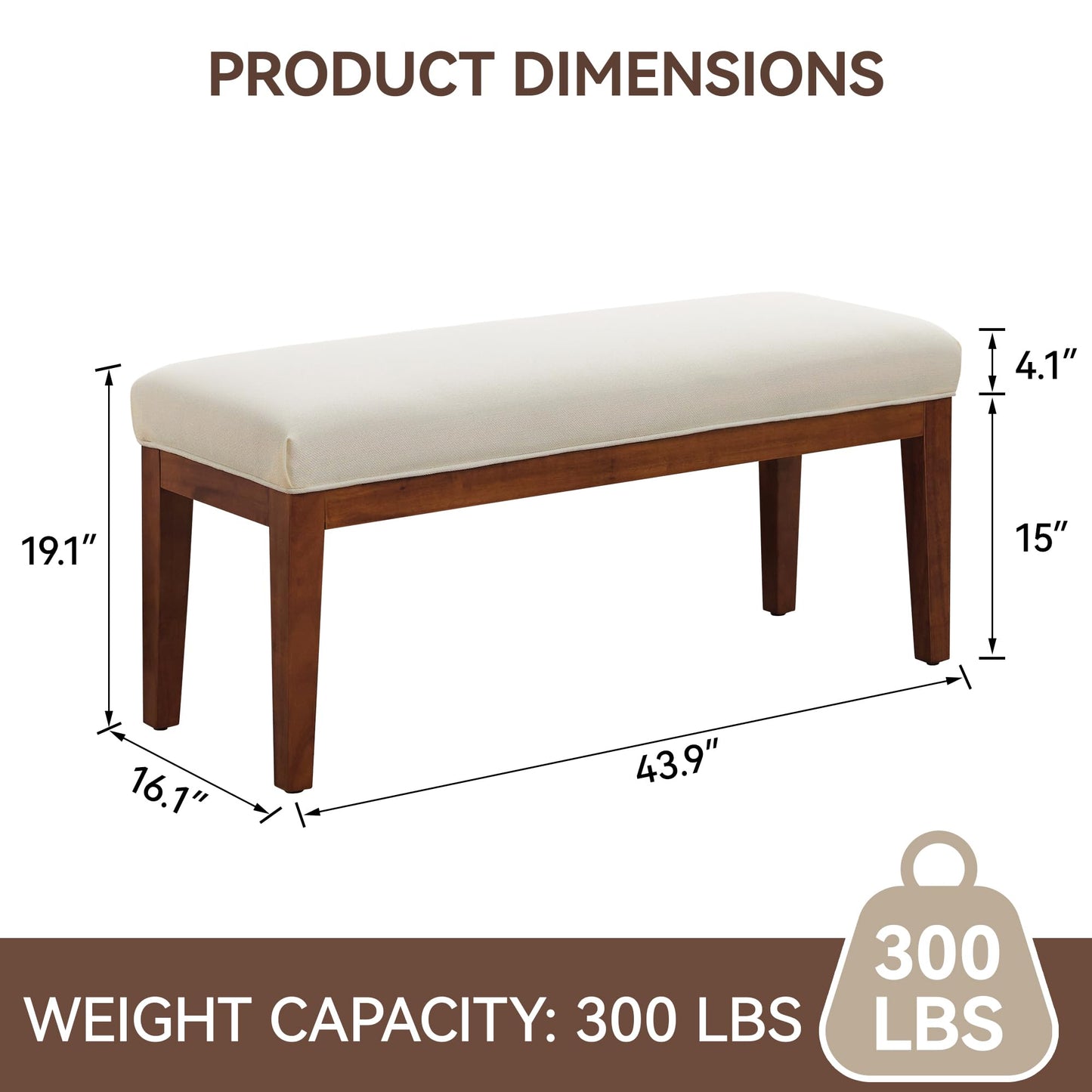 43.5'' Linen Bedroom Bench, Upholstered End of Bed Bench, Padded Vintage Dining Bench, Entryway Bench with Solid Wood Legs, Kitchen, Living Room, Hallway, White