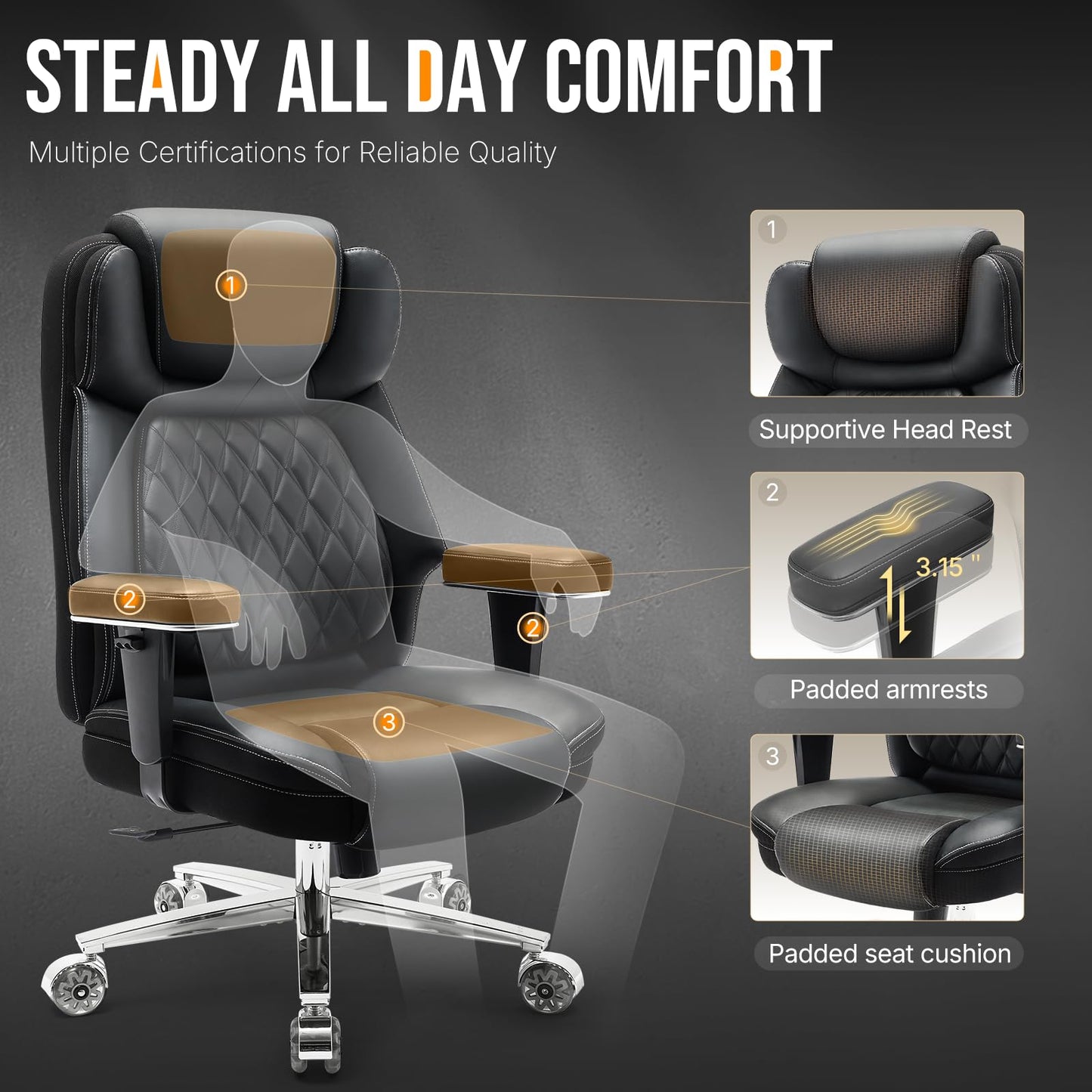 800lbs Big and Tall Office Chair,Heavy Duty Office Chairs,Executive Computer Desk Chair Work Chairs, Thick Padded Strong Metal Base Quiet Wheels, Ergonomic Design for Back Pain