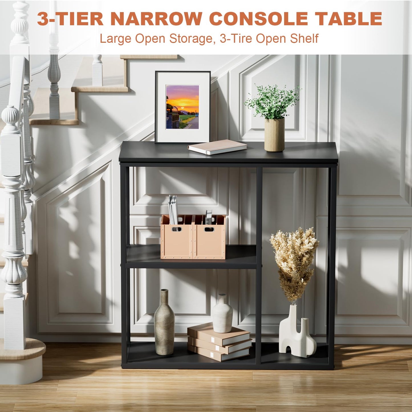 WOHOMO Console Table, 12'' Narrow Entryway Table for Living Room, 31.5'' x 31.5'' Black Industrial Sofa Table with 3-Tier Storage Shelves for Corridor, Hallway, Black