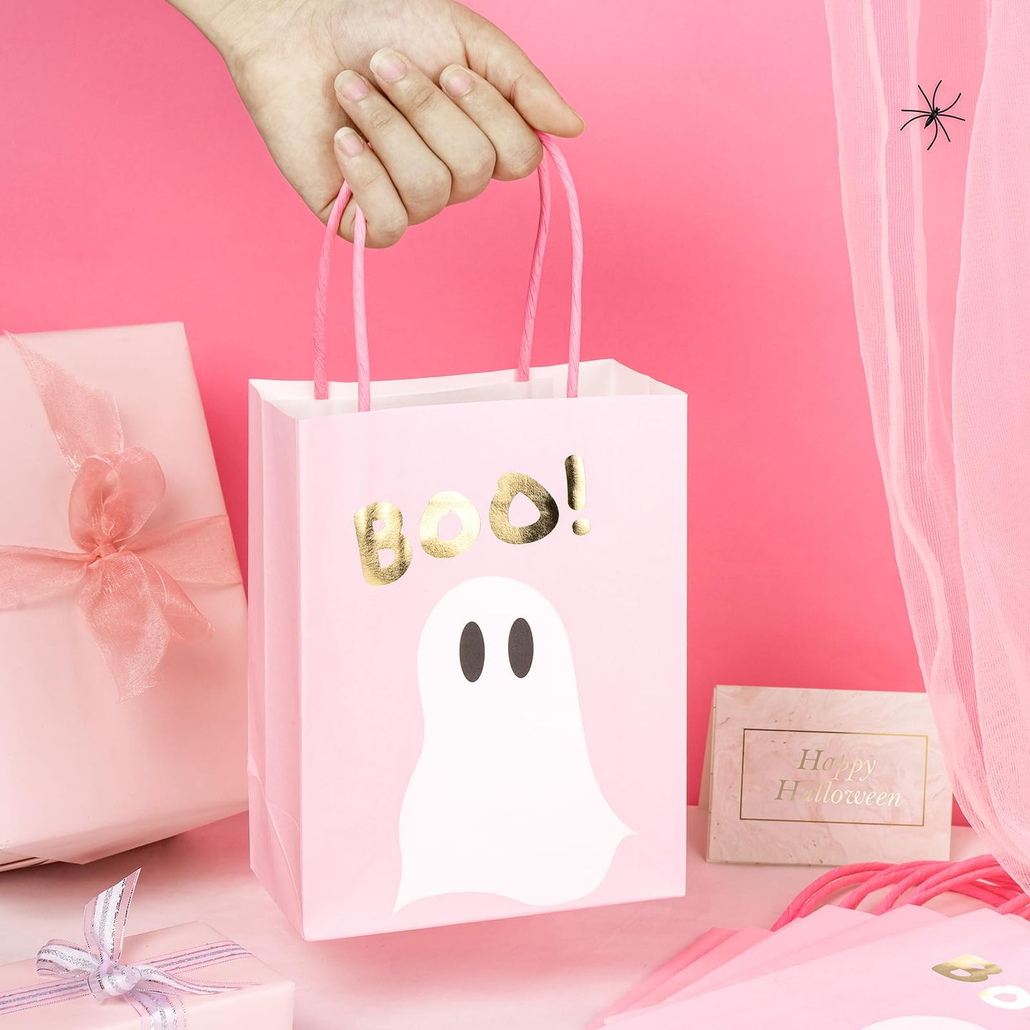 WRAPAHOLIC 12 Pack 7" Small Halloween Kraft Paper Gift Bags - Gold Foil Boo and Pink Ghost Gift Bag for Baby Shower, Holiday, Party Gift Wrap