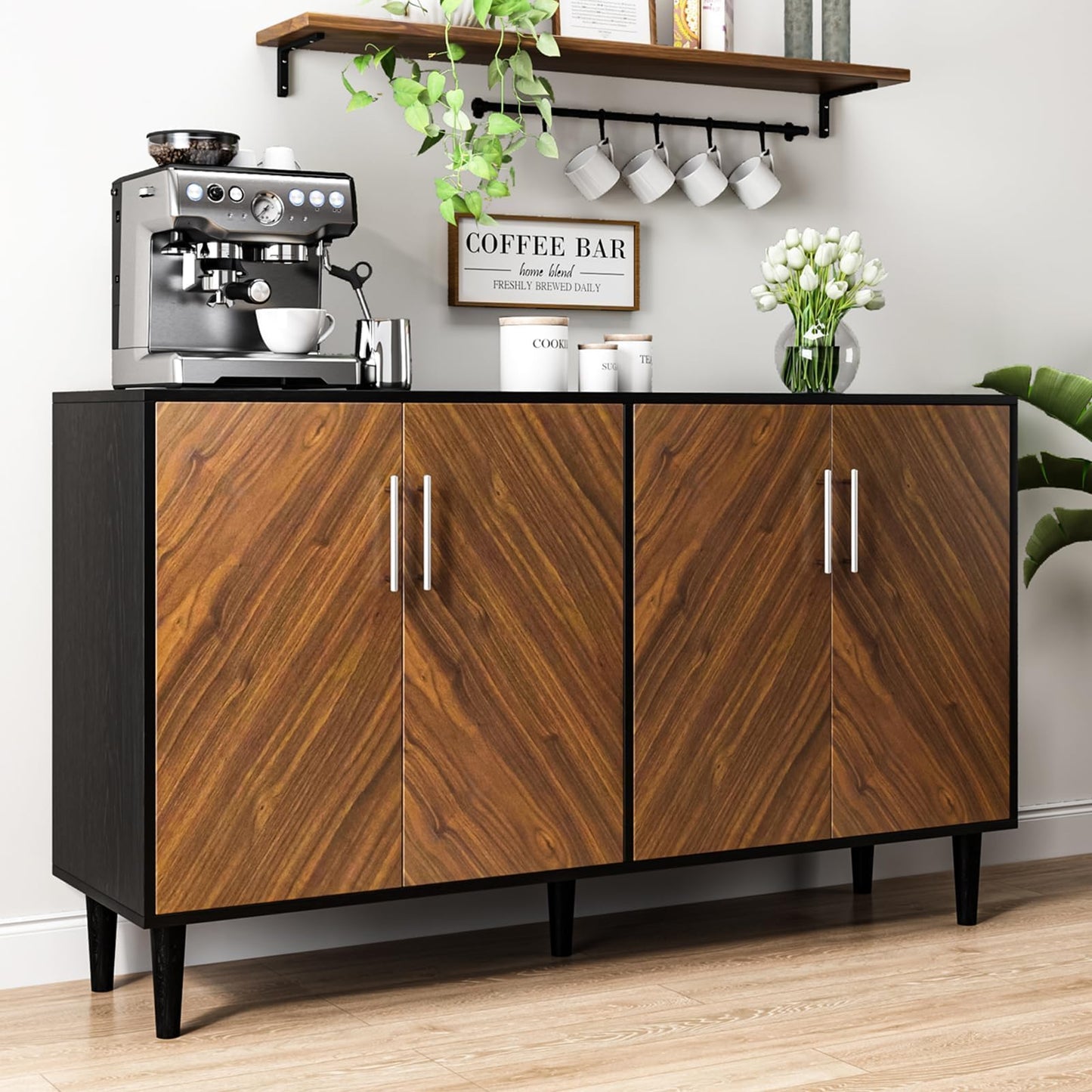 4 EVER WINNER Sideboard Buffet Cabinet with Storage, 58" Large Storage Cabinet with Adjustable Shelves, Modern Coffee Bar with 4 Doors for Living Room Entryway, Walnut and Black