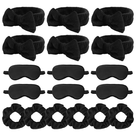 WHAVEL 18 Pcs Sleepover Party Supplies for Girls - Sleepover Party Favors Include 6 Spa Headband, 6 Silk Eye Mask and 6 Velvet Scrunchies for Spa Birthday, Bachelorette, Slumber (Black)