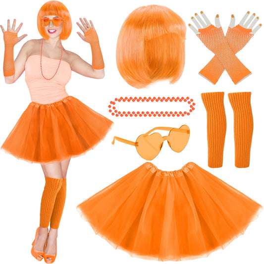 80s Women Costume Accessories Set 6 Pcs Neon Tutu Bob Wig Leg Warmers Fishnet Gloves Necklace Sunglasses for 80s Party (Orange,One Size)