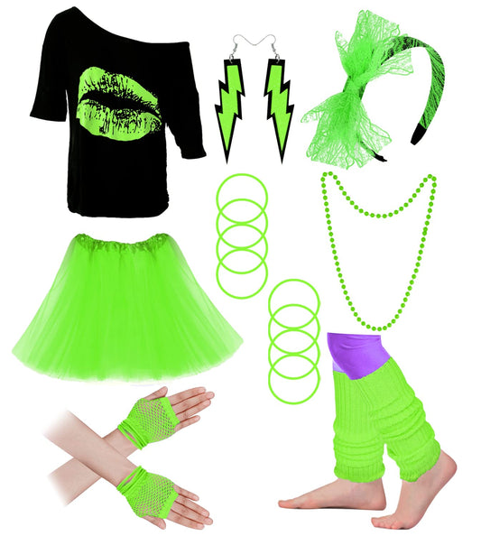 Women's 80s Costume Accessories Set，Lips Print Off Shoulder Tops Headband Leg Warmers Fishnet Gloves Printed Leggings (E-Green-tutu skirt, M)