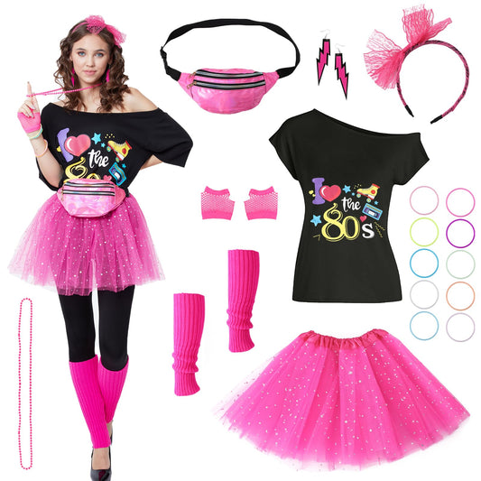 80s Outfits Costume Accessories for Women- 80s T-shirt, 80s Fanny Pack, Tutu Skirt for Halloween Cosplay Retro Theme Party