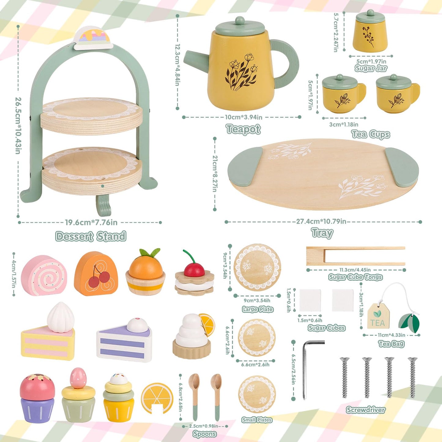 Wooden Tea Party Set for Little Girls, Toddler Tea Set with Cupcake Stand & Food Dessert, Pretend Play Food Kitchen Accessories for Kids Girls Age 2 3 4 5 6 Birthday Gift Wood Educational Toys
