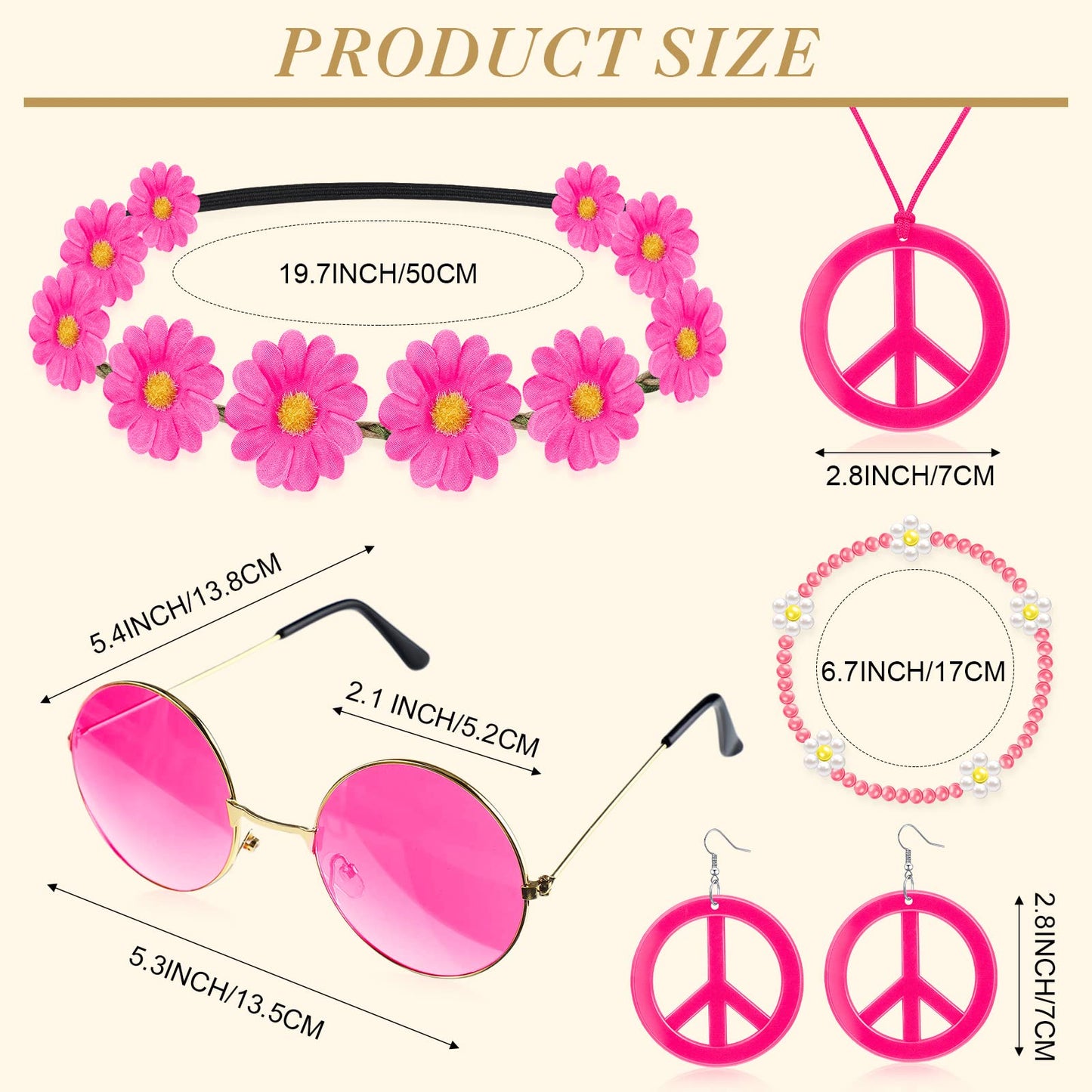 6 Pcs Hippie Costume Accessories Set, Boho Peace Sign Daisy Flower 60s 70s Party Favors Decorations for Groovy Party Girls (Rose Red)