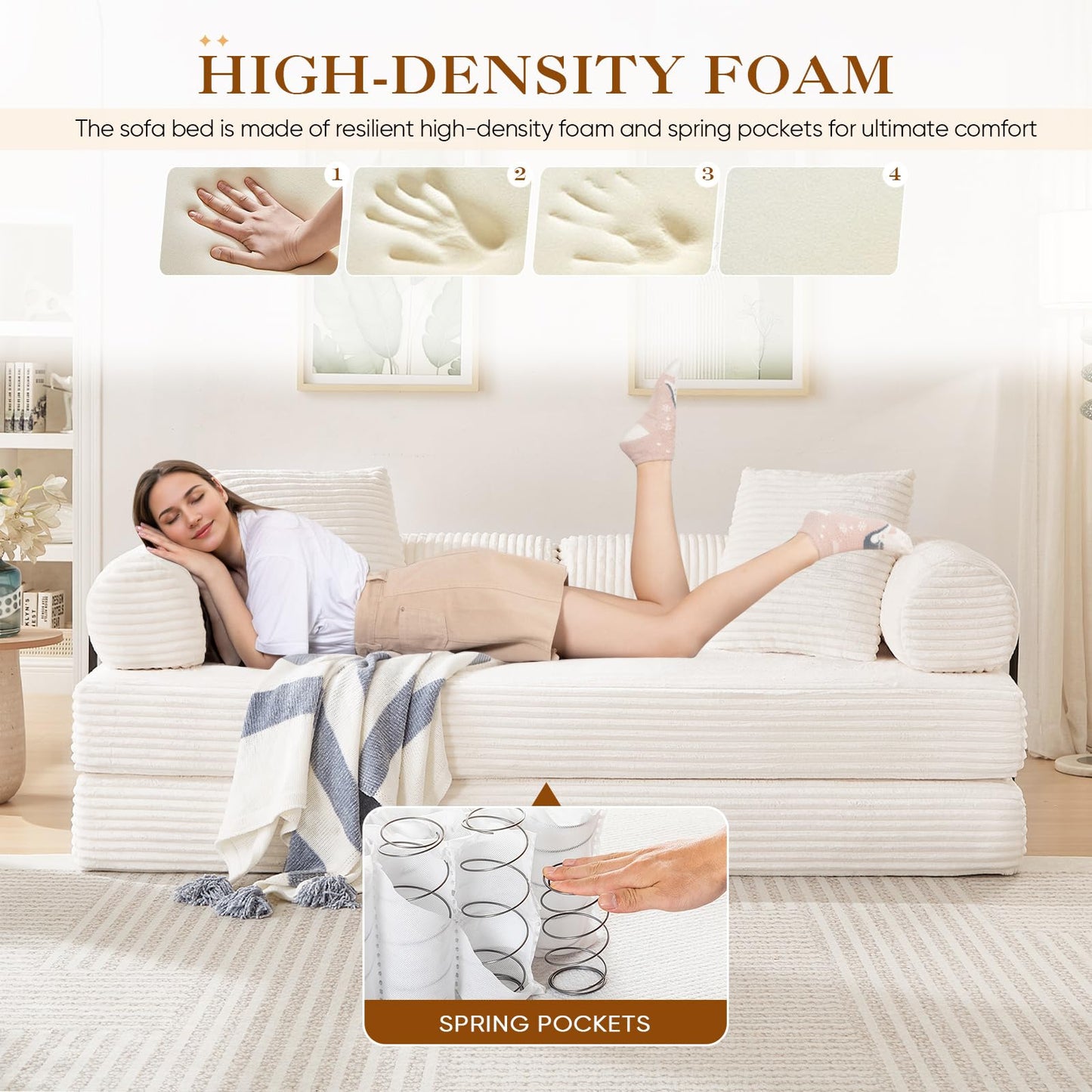 78.5"W Convertible Folding Sofa Bed, Corduroy Upholstered Queen Size Foam Floor Couch with Fixed-Shaped Frame, Loveseat Sleeper Compression Sofa Foldable Mattress for Living Room, Bedroom(Beige)