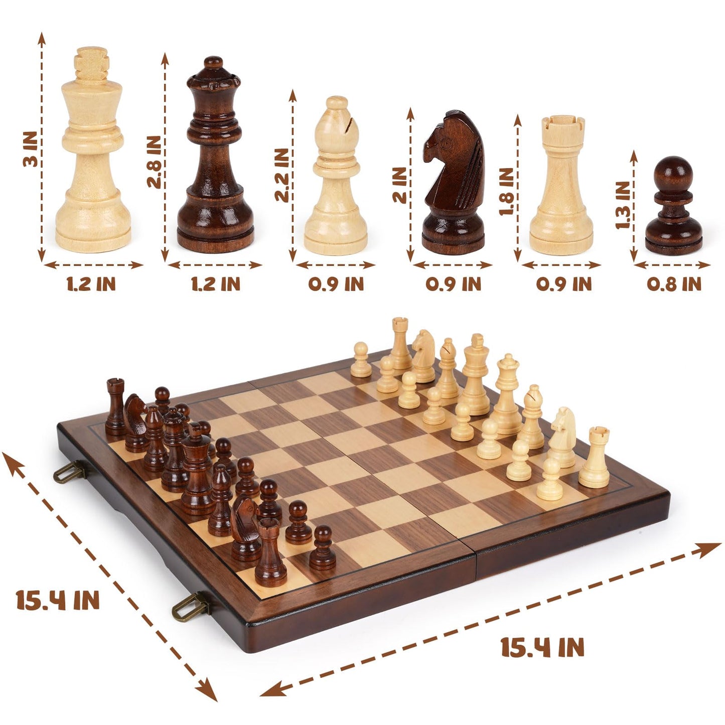 2 in 1 Magnetic Chess Set and Checkers Board Game Set 15" Wooden Folding Chess Board with 2 Extra Queens Travel Chess Sets Family Board Game Gift for Kids, Adults Portable Elegant Classic Chess Game