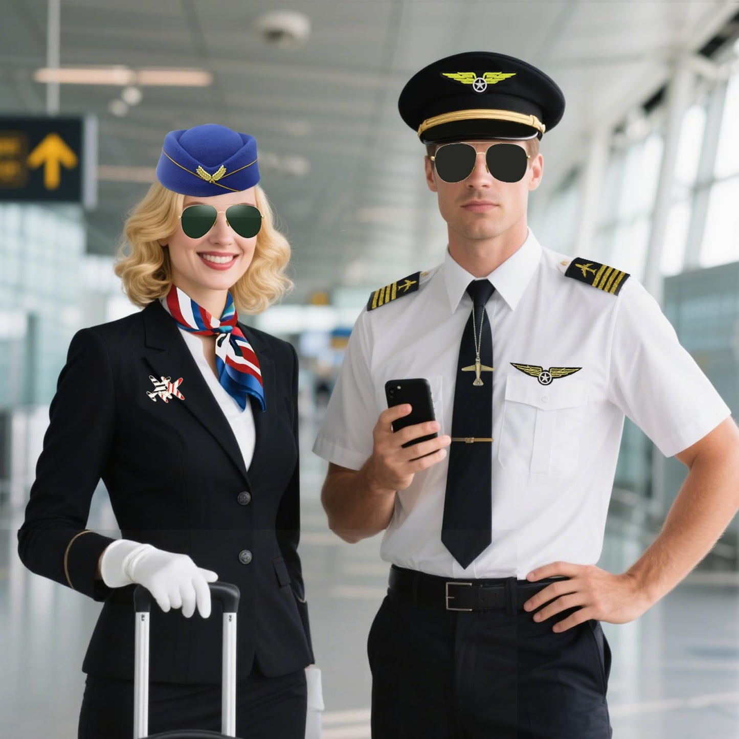 11 Pcs/2 Set Airline Pilot Captain Costumes Flight Attendant Accessories with Hat Sunglasses Scarf for Adult Dress Up Halloween Cosplay Party