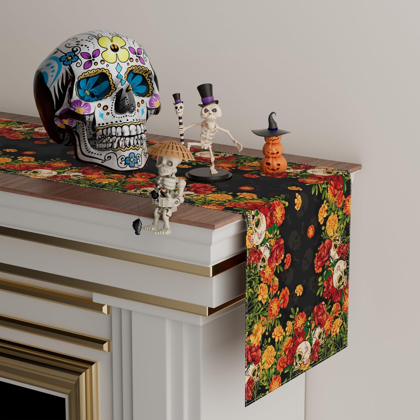 XCHI Sugar Skull Marigolds Floral Dia De Los Muertos Table Runner Day of The Dead Mexican Table Decoration for Home Kitchen Dining Holiday Fiesta Themed Party Decor 13x72 Inch