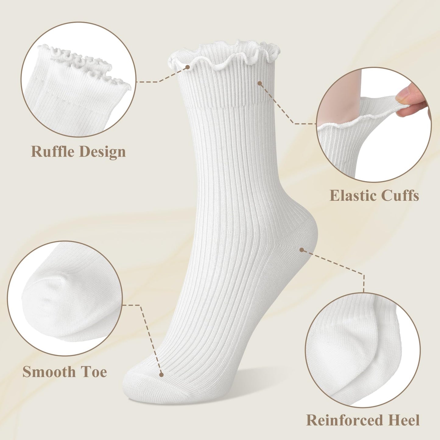 6 Pairs Cute Ruffle Socks Women, Womens Crew Frilly Turn-Cuff Dress Soft Breathable Novelty Colorful Girls Ankle Socks 5-10