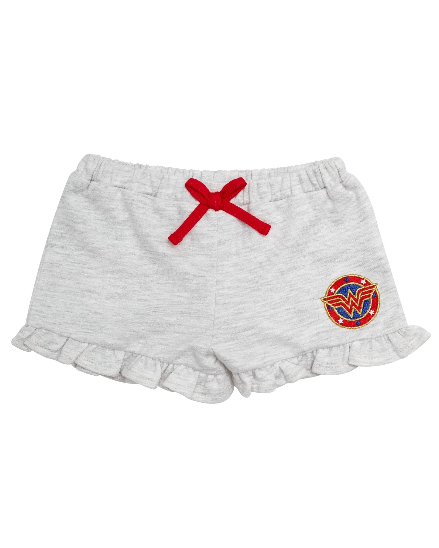 Wonder Woman Baby Girls 4 Piece Set - Short Sleeves T-Shirt with Applique Patch, Legging Pants with Tutu Skirt, Embroidered Onepiece Bodysuit, Drawstring Shorts (Red/Blue/Grey, 3 Months)