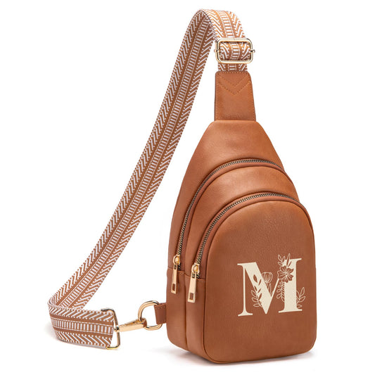 Viverte Personalized Mothers Day Gifts Initial Sling Bag PU Crossbody Bags for Women Mother's Day Birthday Gifts for Women Mom Sister Wife (Brown-M)
