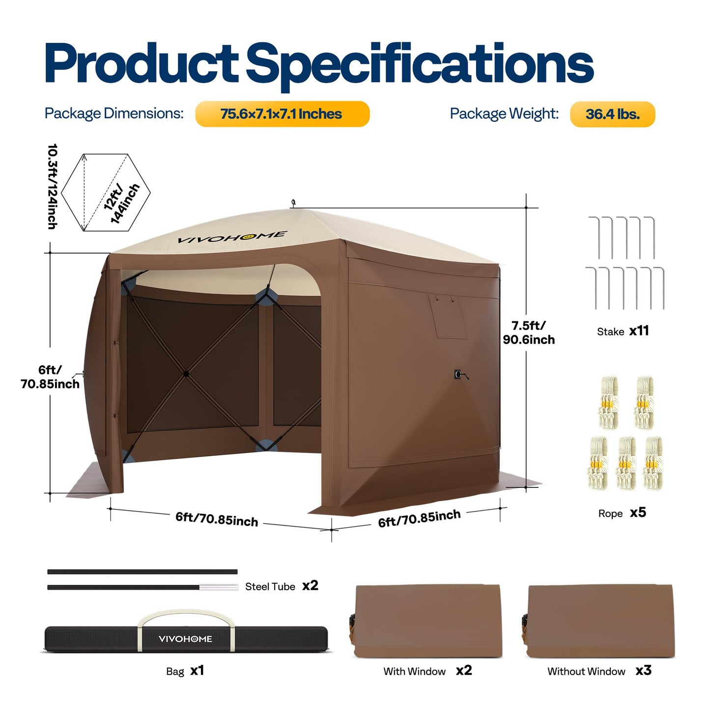 VIVOHOME 12x12ft Pop-Up Gazebo Screen Tent, 6-Sided Instant Outdoor Canopy Shelter with Large Main Door, Wind Panels, and Screens for Outdoor Parties, Camping, Lawn and Backyard