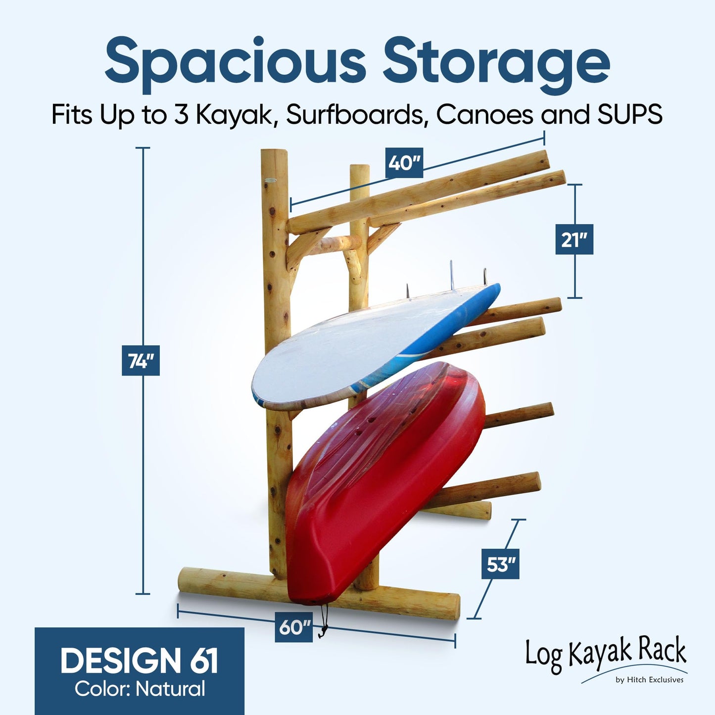 3-Place One-Sided Log Kayak Rack / Canoe Racks, Freestanding Canoe Stand for Garage, Outdoor & Indoor Surfboard Storage Racks or SUP Storage Stands, Kayaks - Natural