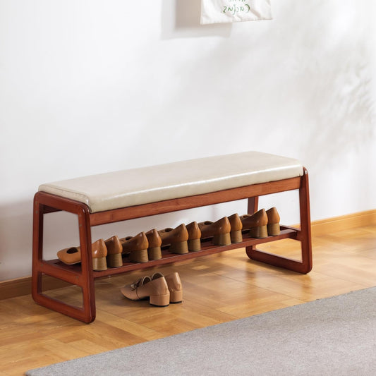ABAMFUR Shoe Rack Bench, Solid Wood Entryway Bench, Shoe Storage with Cushion Seat for Entry, Hallway (Beige-39.4")