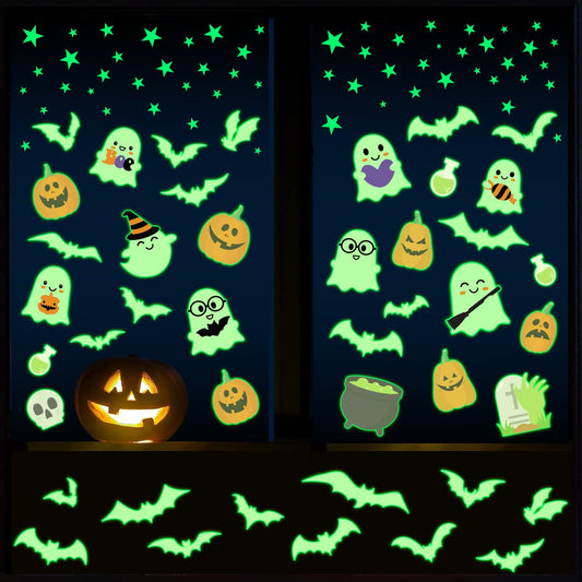 Whaline Halloween Glow in The Dark Window Cling Stickers Ghost Pumpkin Bats Window Decals Cute Cartoon Decoration for Halloween Party Home Classroom Wall, 4 Sheets
