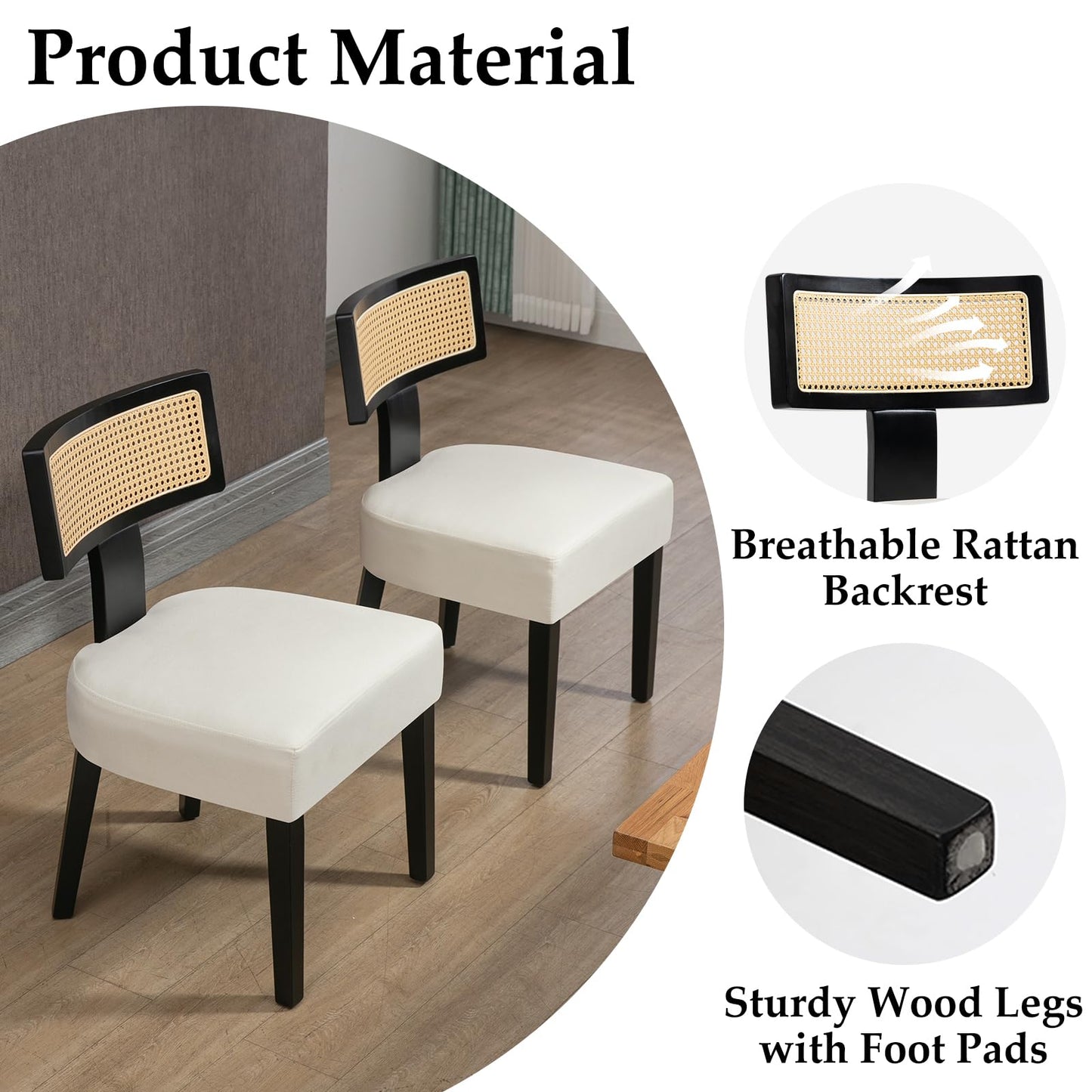 WQSLHX Rattan Dining Room Chairs Set of 4, Mid-Century Modern Kitchen Chair with Cane Back & Wood Frame in Black Finish, Beige Linen Upholstered