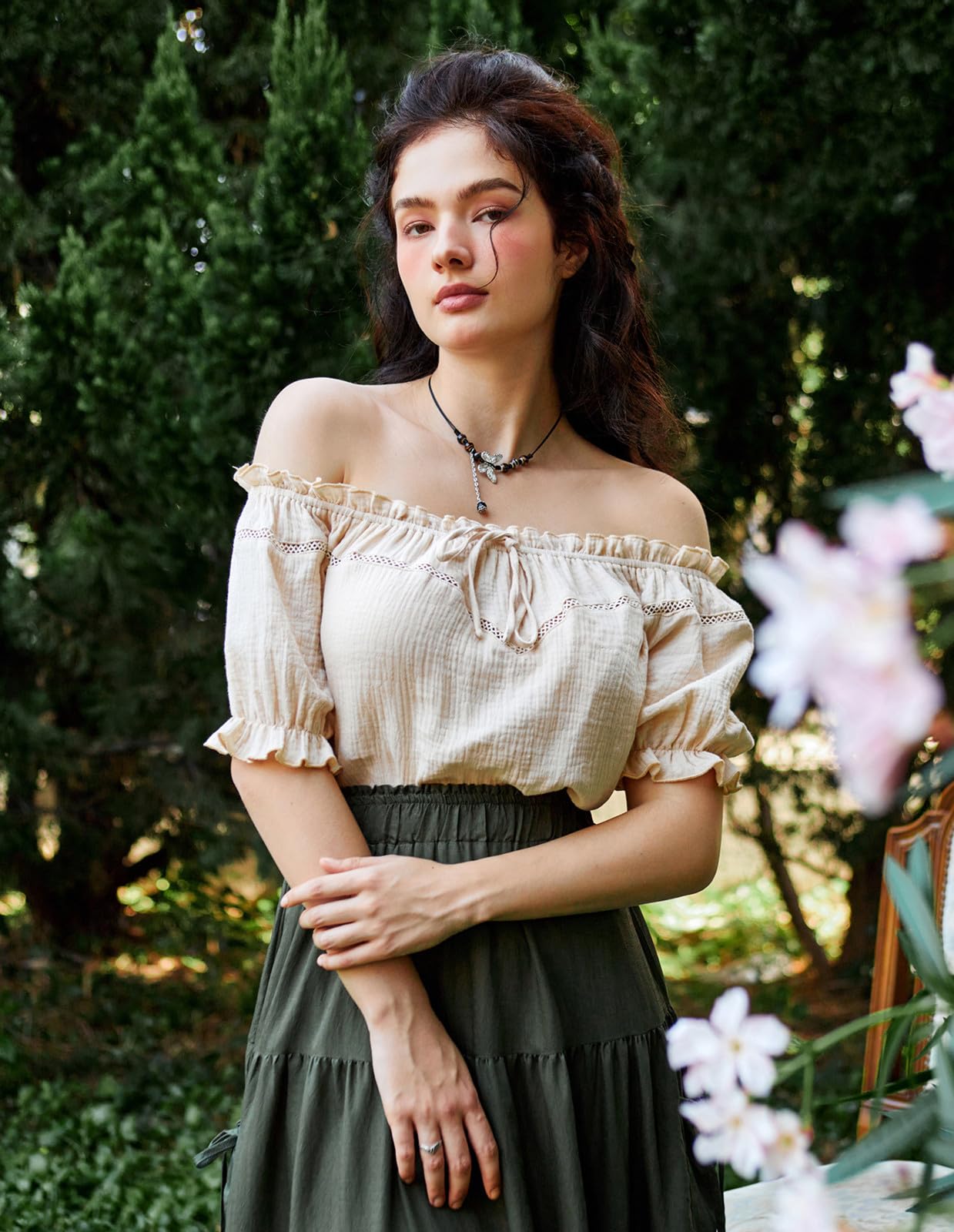 Women's Renaissance Blouse Summer Casual Off Shoulder Short Sleeve Tops Apricot M
