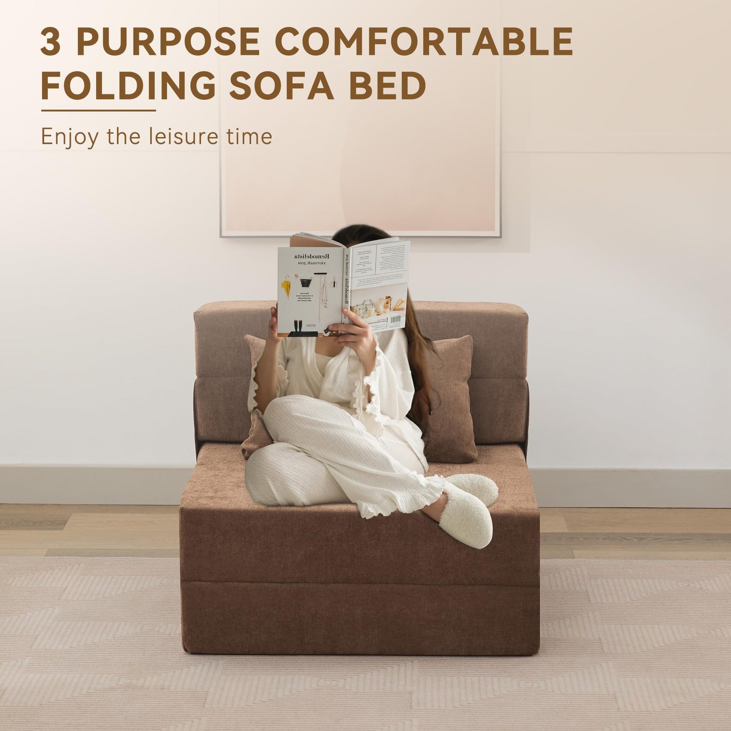 WUTUTUEE Folding Sofa Bed Convertible Floor Couch Foldable Chair Bed with Pillow, Linen Sleeper Chair Futon, Foldable Memory Foam Mattress for Bedroom/Living Room/Dorm/Office (Brown, Single)