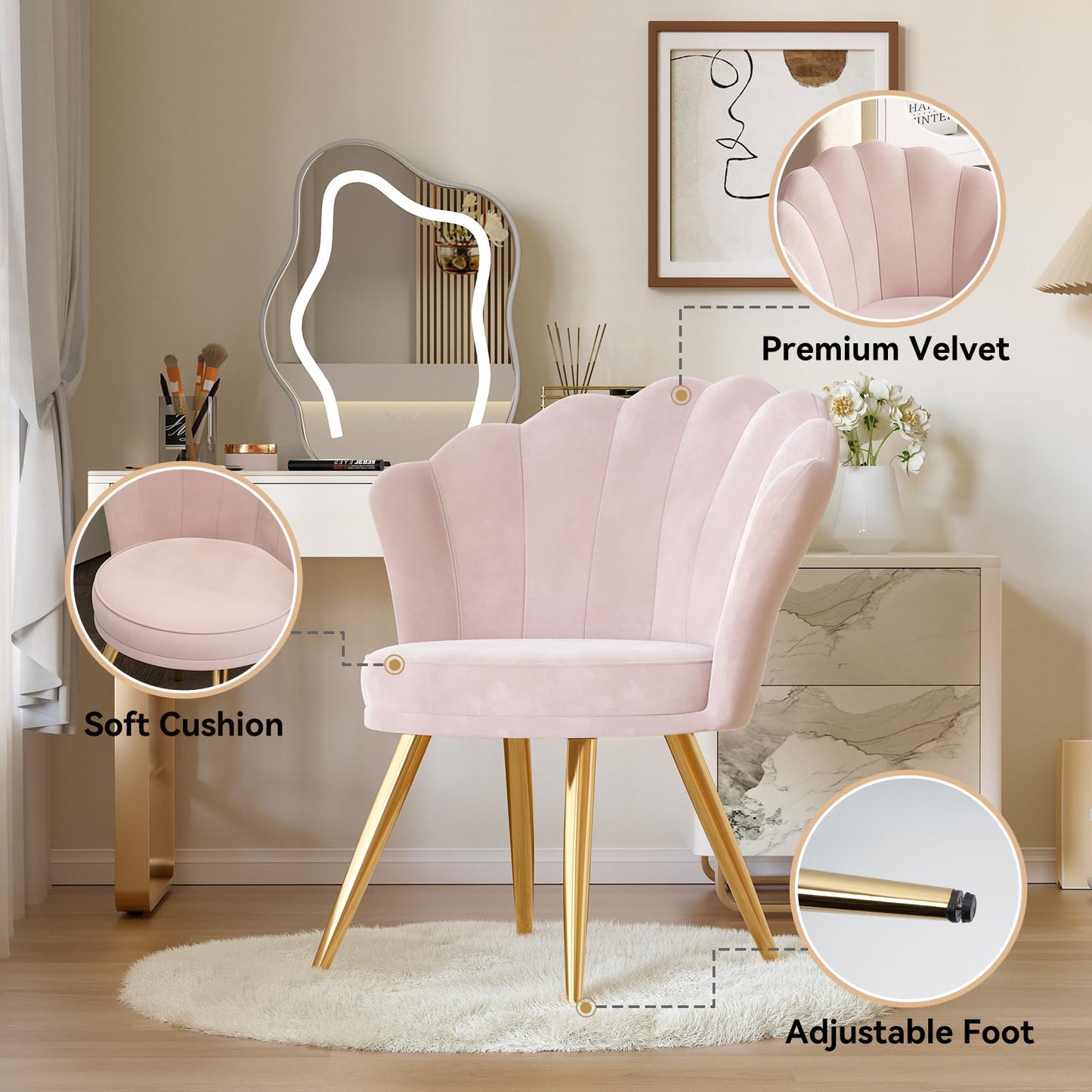 Aivermeil Velvet Accent Chair with Gold Metal Legs, Vanity Chair for Makeup Room, Upholstered Guest Chair for Living Room, for Bedroom, Light Pink