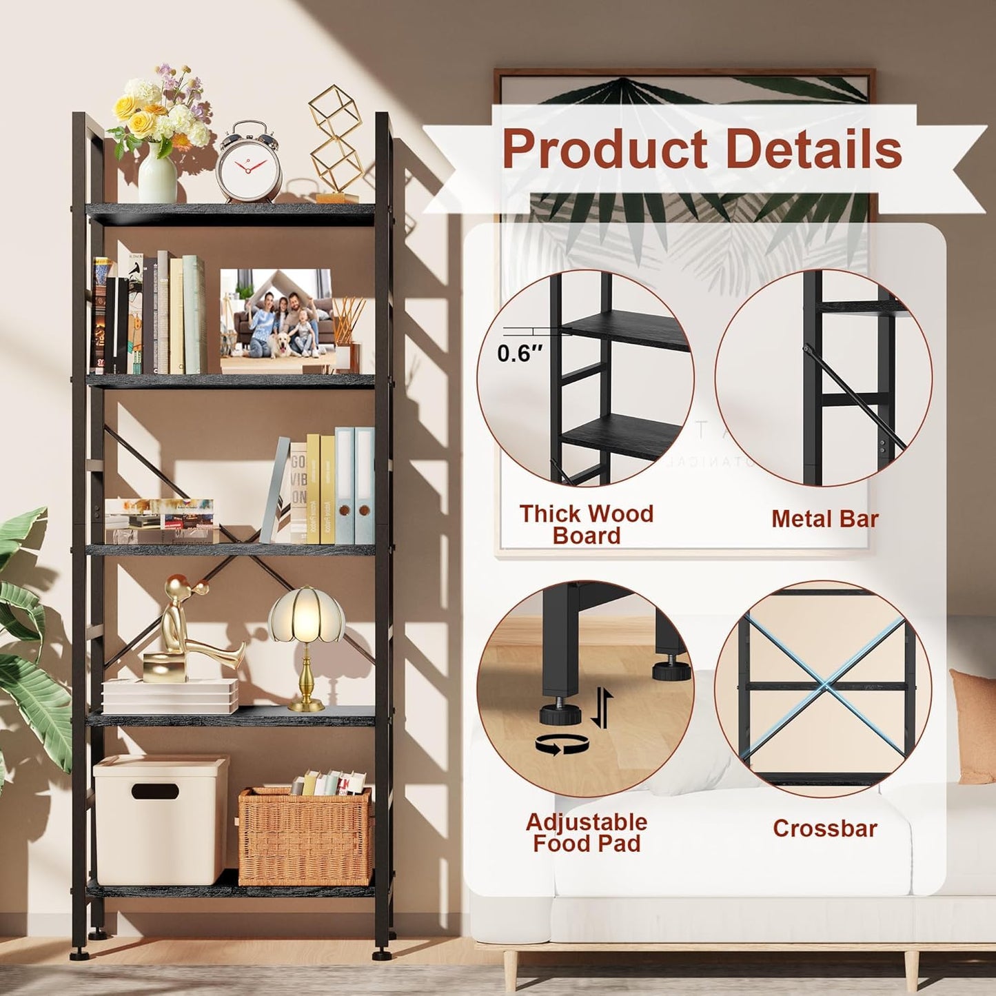 Whitmor 5 Tier Modern Industrial Corner Bookcase - Tall Bookshelf Storage Organizer for Books, CDs, Movies, Garage Supplies - Fits Bedroom, Home Office, Kitchen, Living Room - Black