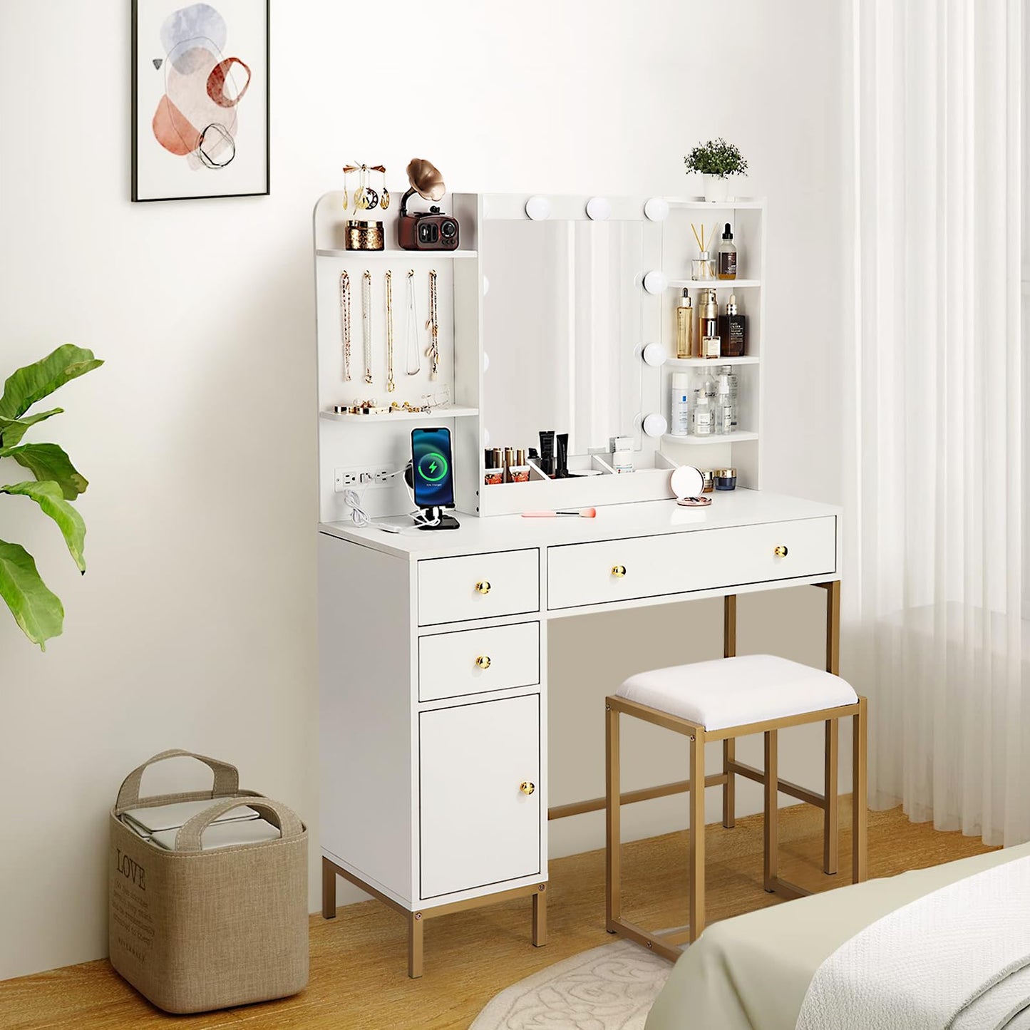 White Vanity Desk Set with Stool Mirror Lights 3 Color Lighting Dressing Table Makeup Station Charging Ports Large Beauty Desk for Bedroom Vanity Area