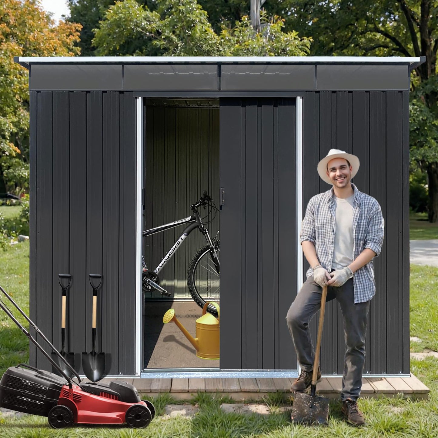8 x 6 FT Outdoor Storage Shed, Metal Garden Tool Shed with Slooping Roof, Lockable Doors and Aluminum Frames, Easy to Assemble for Garden, Patio, Lawn, Black