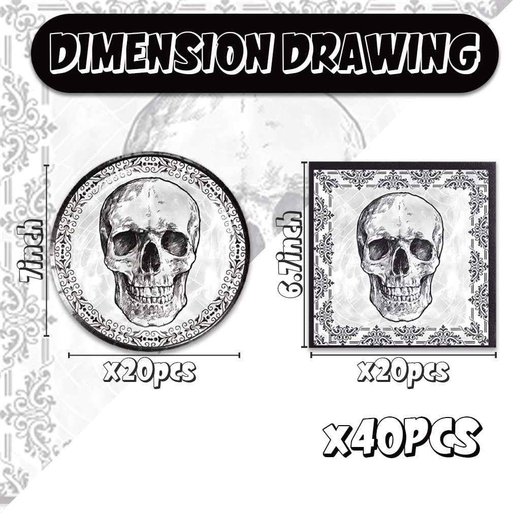 40Pcs Skull Party Supplies 20 Plates + 20 Napkin Halloween Birthday Party Decorations (Halloween Skull)