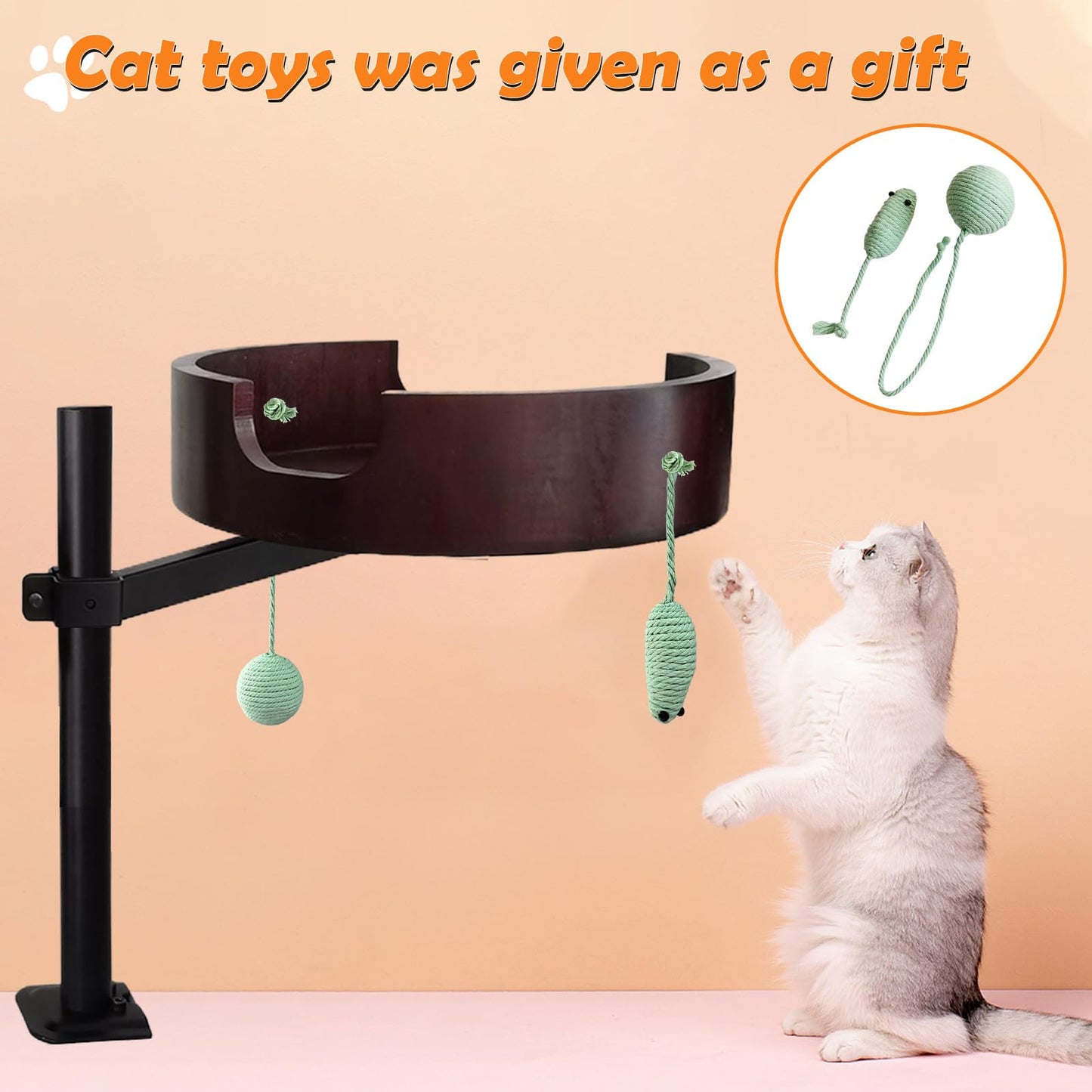 XZKING Cat Desk Bed- Adjustable Wooden Cat Bed for Home Office and Study Rooms, Desktop Kitten Furniture Attachment with Pet Mat, Ball, Mouse (Large)