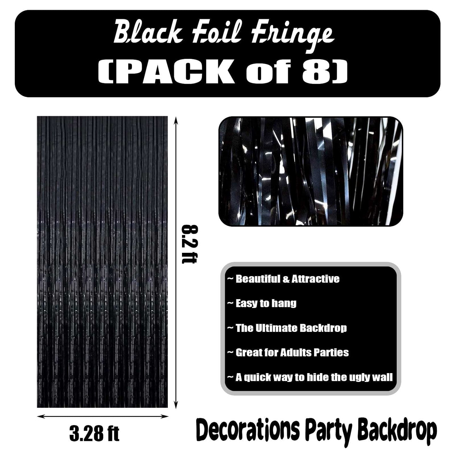 8 Pack Black Tinsel Foil Fringe Curtain Backdrop, 3.28Ft x 8.2Ft Metallic Streamers for Photo Booth, Birthday, Wedding, Thanksgiving Day, Christmas, Birthday, Halloween Party Decorations