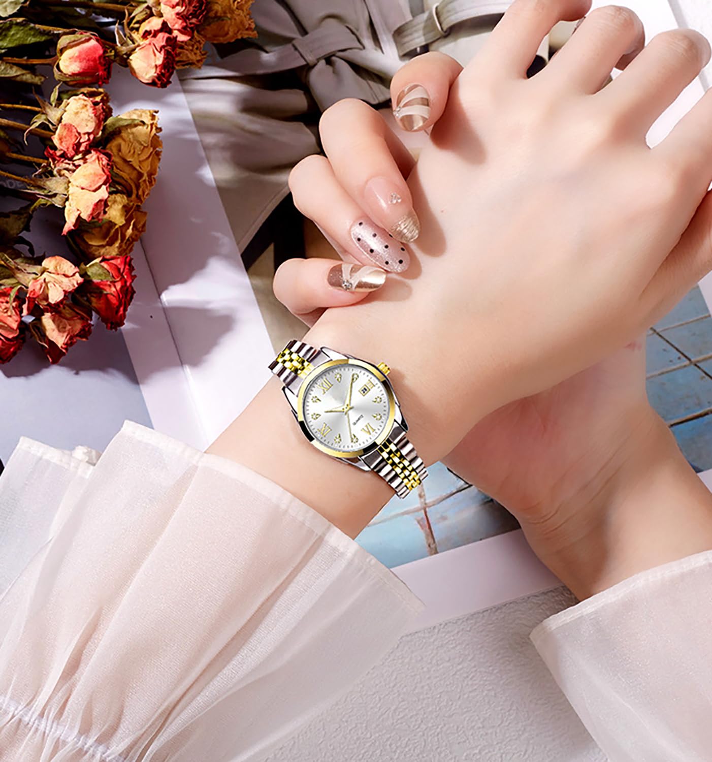 Women's Bracelet Watch Stainless Steel Quartz Watch Luminous Waterproof Watch Business Watches for Women (White/Two-Tone)