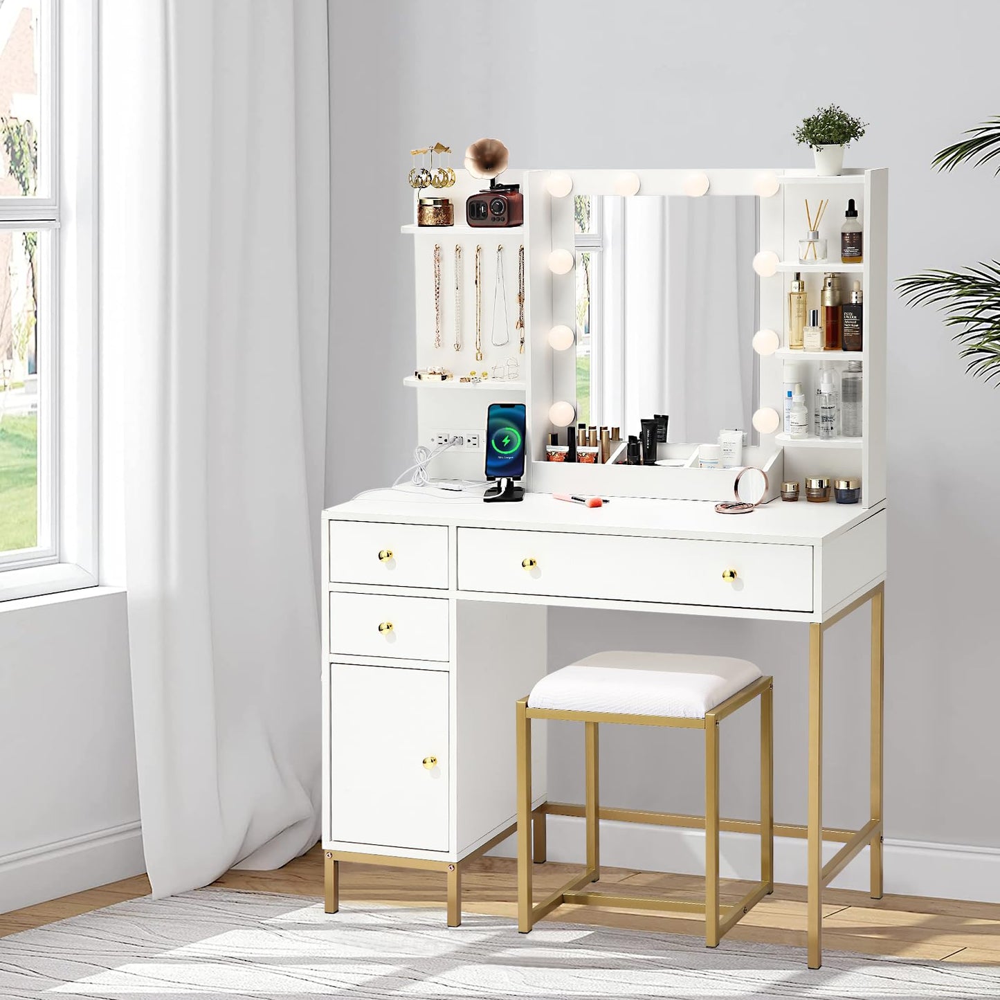 White Vanity Desk Set with Stool Mirror Lights 3 Color Lighting Dressing Table Makeup Station Charging Ports Large Beauty Desk for Bedroom Vanity Area