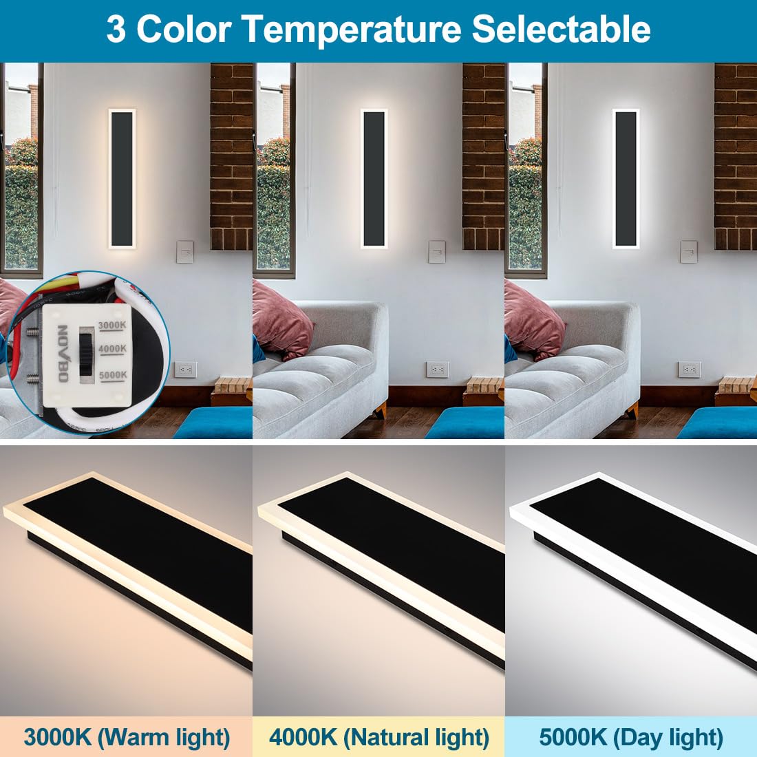 Xbuyee 2-Pack 24IN Modern Outdoor Wall Light LED Long Wall Lighting Fixture IP65 Waterproof Wall Lamps, Dimmable 24W 2200LM Black Wall Sconce, 3000K/4000K/5000K Selectable, ETL
