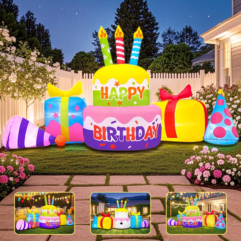 8FT Inflatable Happy Birthday Cake Decoration with Candles Blow up Outdoor Yard Decorations, Built-in LED Lights for Holiday Party Garden Lawn Indoor Home Celebration