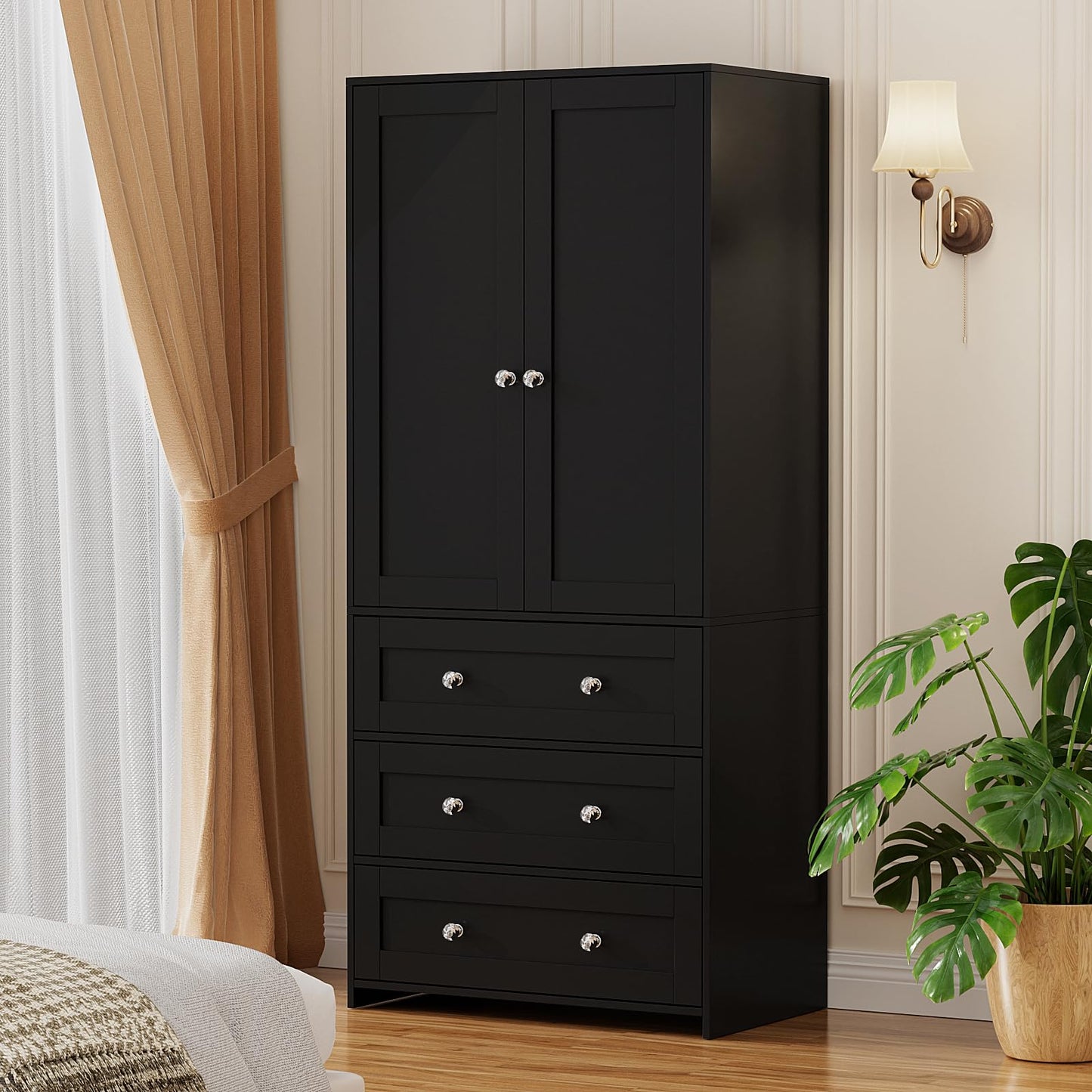 VOWNER Armoire Wardrobe Closet with Drawers and Mirror, 71" Clothing Storage Cabinet with Hanging Rod, 2 Doors Wooden Wardrobe Cabinet for Bedroom, Large Capacity Storage,Black