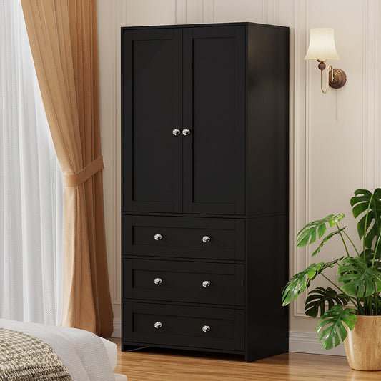 VOWNER Armoire Wardrobe Closet with Drawers and Mirror, 71" Clothing Storage Cabinet with Hanging Rod, 2 Doors Wooden Wardrobe Cabinet for Bedroom, Large Capacity Storage,Black
