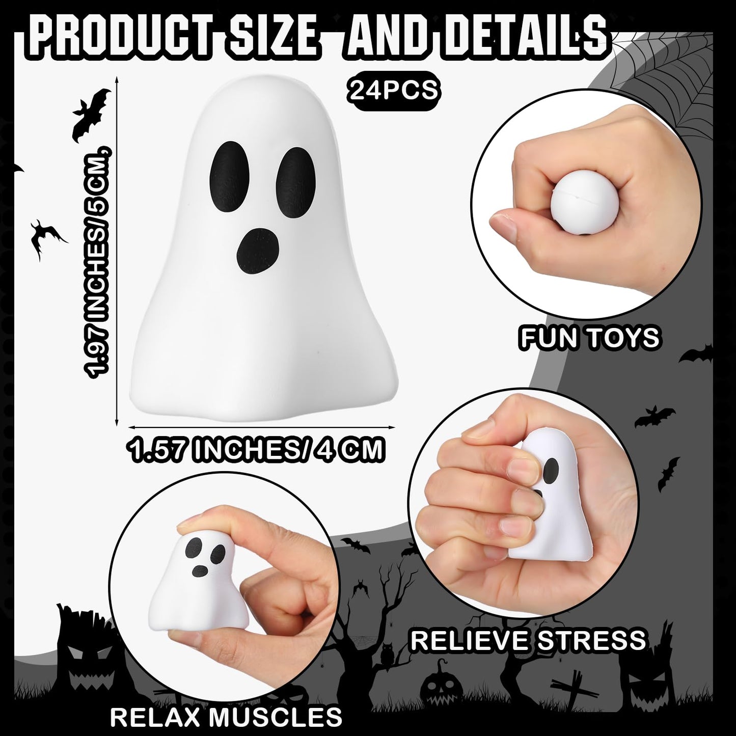Wettarn 24 Pcs Halloween Ghost Stress Balls Bulks Halloween Stress Relief Balls Party Gifts Toys Soft PU Squeeze Ghost Ball Party Favors for Hand Wrist Finger Exercise
