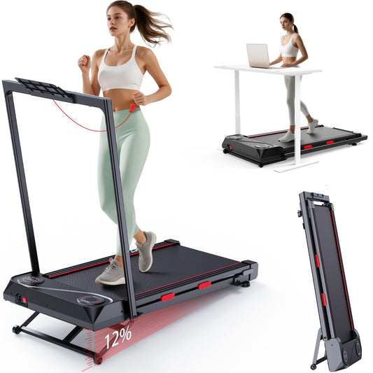 Walking Pad Treadmill with 12% Auto Incline, 2-in-1 Portable Under Desk Treadmill for Home Office, Foldable Walking Pad with Handle Bar, Double Steel Frame, 330 Lbs Capacity, 2.5HP Quiet