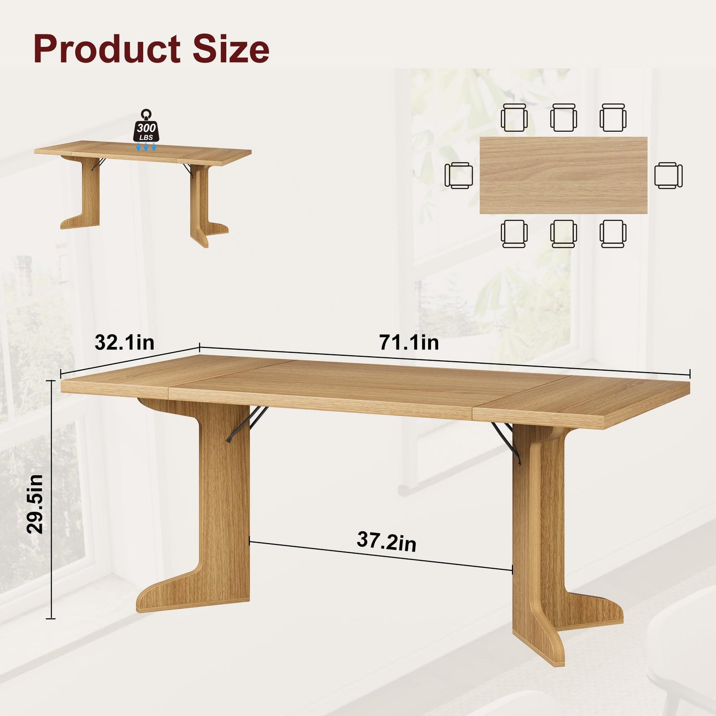 71" Dining Table for 6 to 8 People, Modern Dinner Table with Unique Wooden Legs, Rectangle Dining Table for Kitchen, Dining Room & Living Room, Oak