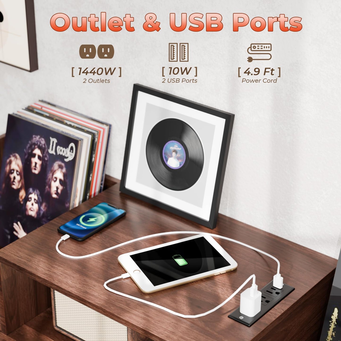 XL Record Player Stand with Sliding Door,500 Vinyl Record Storage Cabinet, Record Player Table with Power Outlet & LED Light,Turntable Stand with Wood Legs for Living Room,Office