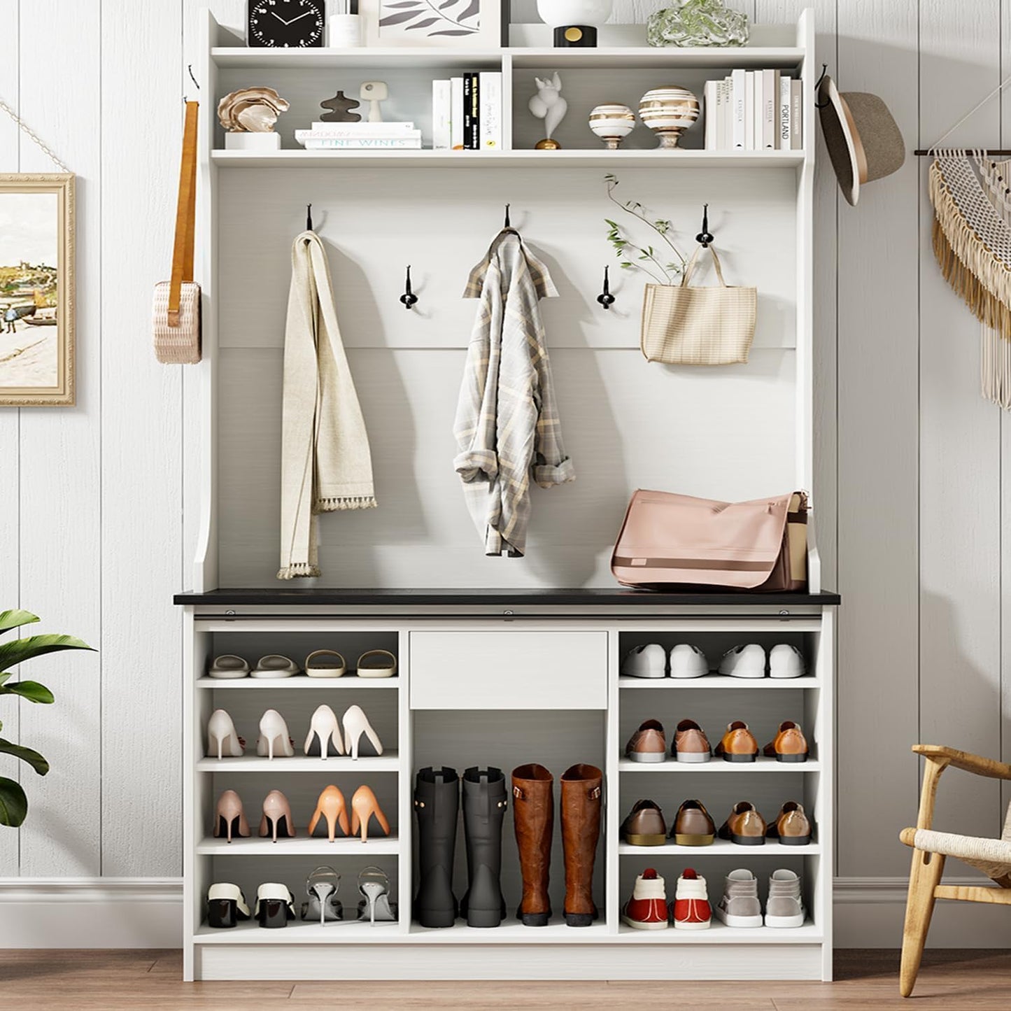 4ever2buy Hall Tree with Bench and Shoe Storage, 5-in-1 Entryway Bench with Coat Rack, Entryway Hall Tree with Adjustable Shelf, White