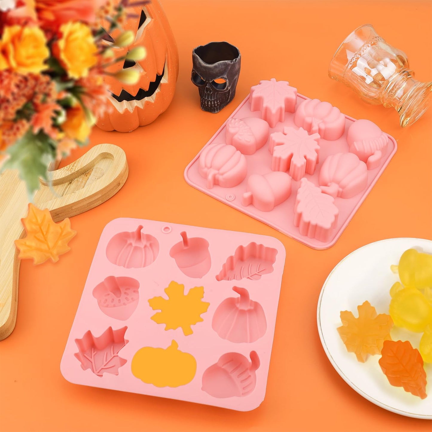 2pcs Halloween Silicone Molds, 3D Halloween Thanksgiving Candy Molds Fall Maple Leaf Pumpkin Molds for Baking Making Chocolate Dessert Gummy Jelly Cupcake Topper Decoration