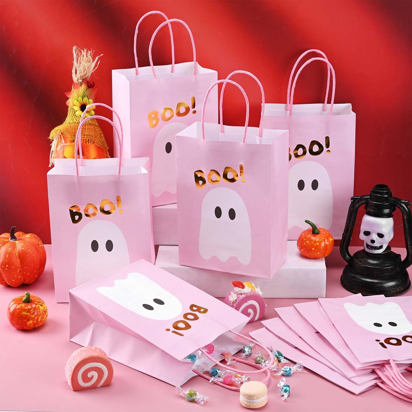 24Pcs Pink Halloween Paper Gift Bags with Handles Cute Ghost Boo Goodie Treat Bags for Halloween Baby Shower Party Trick or Treat Party Supplies