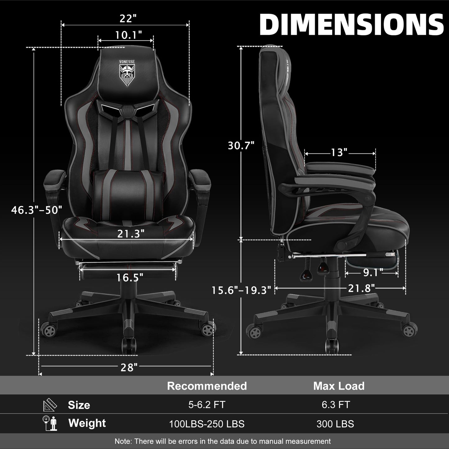 Vonesse Gaming Chair, Computer Office Chair with Footrest,Reclining Gaming Chairs for Adults, Big and Tall Ergonomic Gaming Chair with Lumbar Support (Gray/Black)