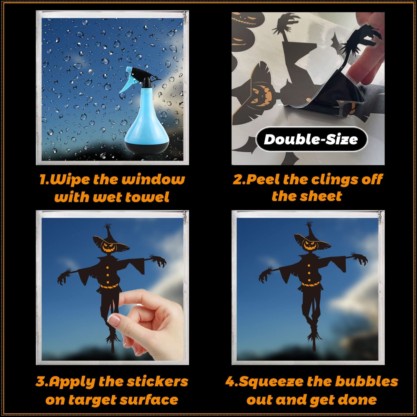 9 Sheets Halloween Window Clings Stickers Decorations Scary Black Ghosts Pumpkin Spider Bats Double Side Decals for Party Glass Decorate Happy Halloween Window Clings for Party Decoration